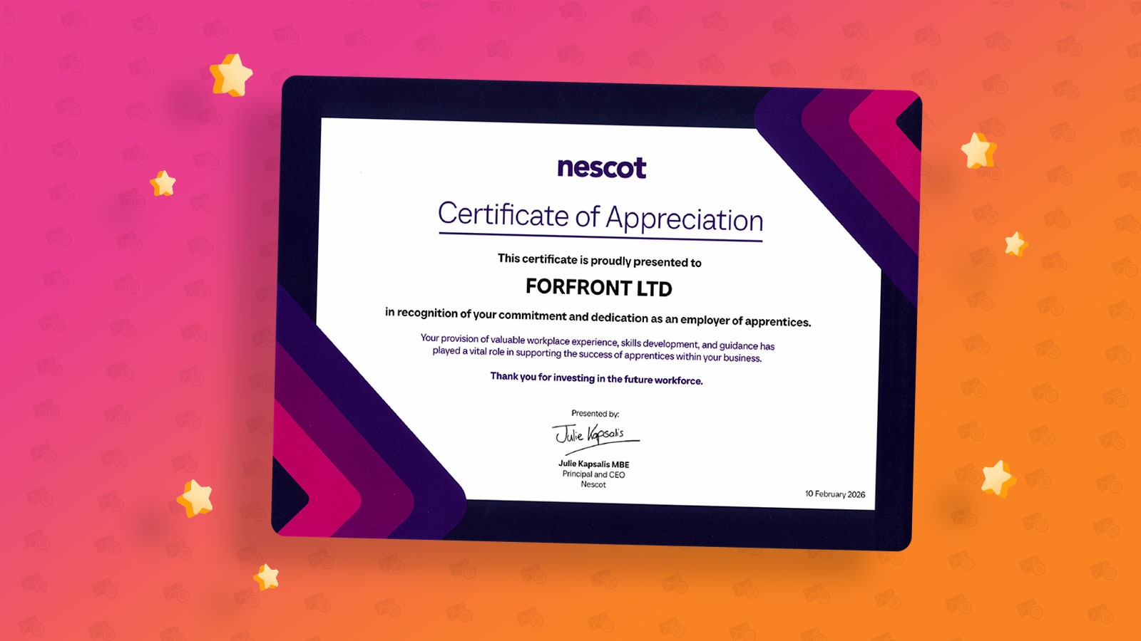 Forfront awarded Nescot certificate of appreciation