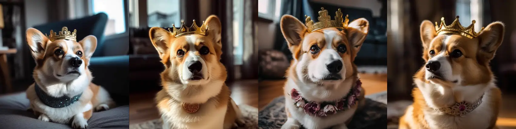 image of corgi's wearing crowns generated by AI